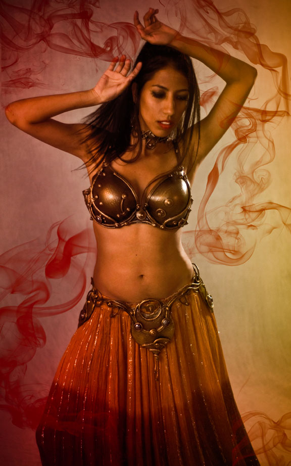 Allegra in a steampunk style belly dance bra and belt