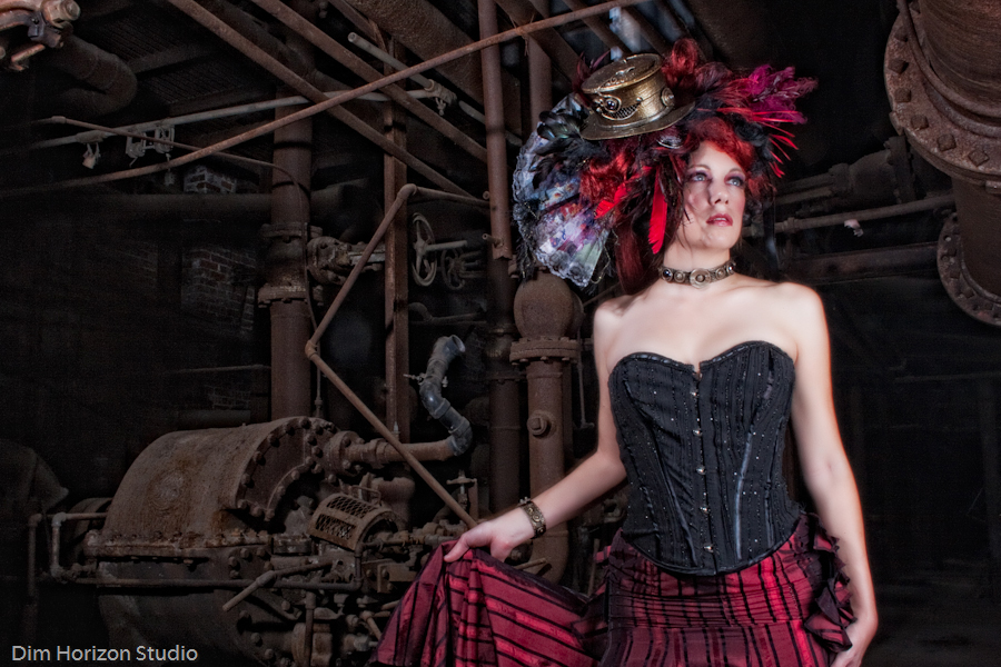 Our mini top hat and choker are part of this gorgeous costume, shot by Dim Horizon Studios at Sloss Furnace